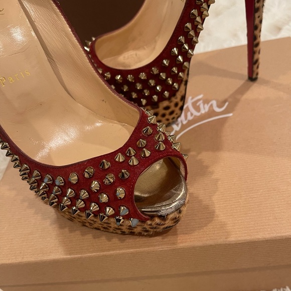 CHRISTIAN LOUBOUTIN Veau Velours Calf Hair Leopard Lady Peep Spikes VIP 150 Pump - Picture 3 of 5